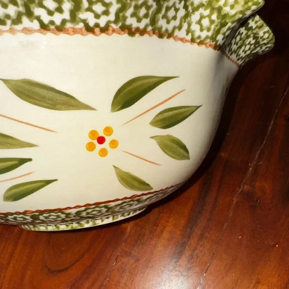Temp-Tations Tara Old World set of 3 1-2 & 3.5 qt Floral Green Ceramic Bowls